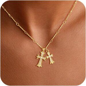 Cross Necklace Gold Silver Plated Double Cross Pendant Dainty Faith Jewelry